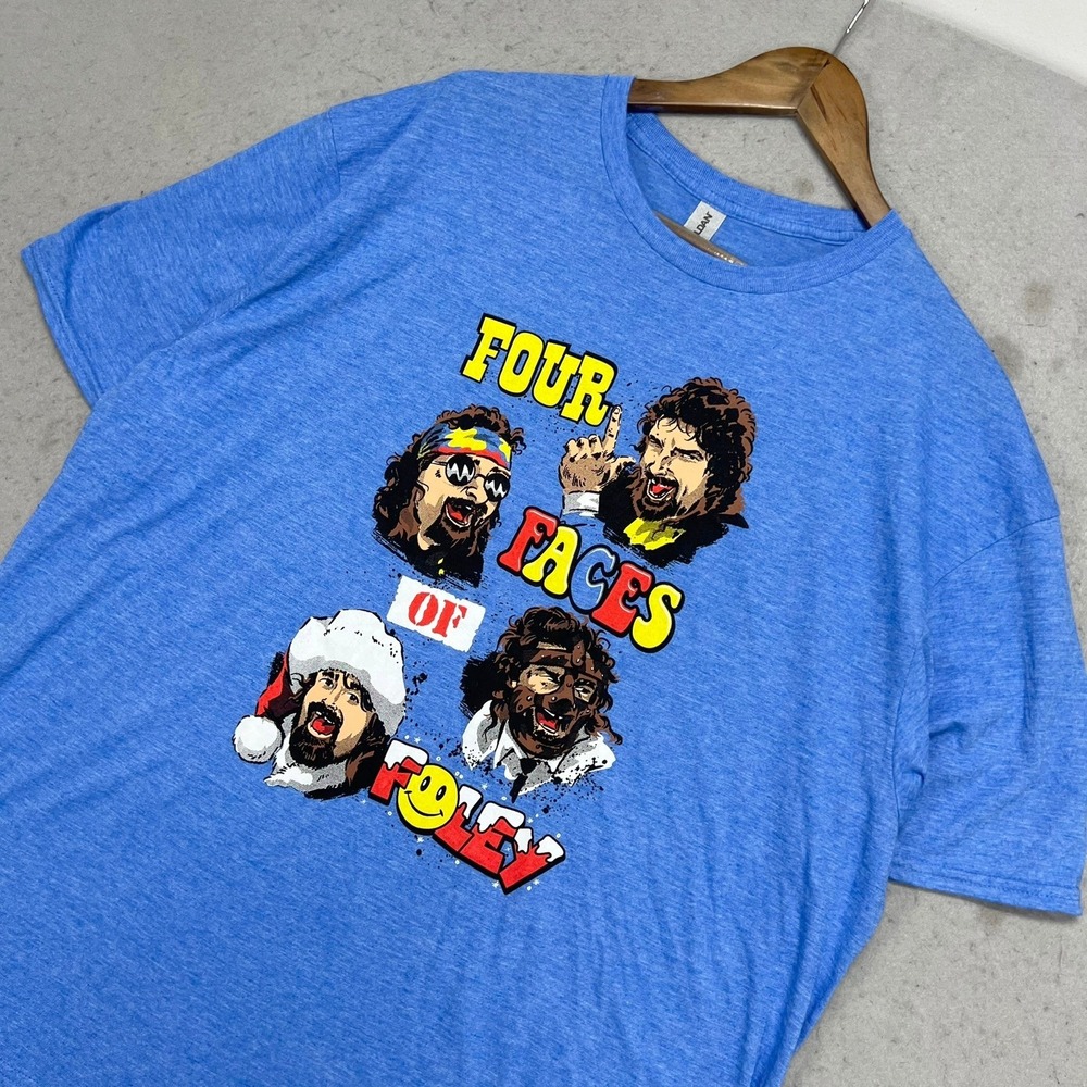 WWE Mick Foley Four Faces of Foley Graphic T-Shirt Blue Mens 2XL Mankind Cactus